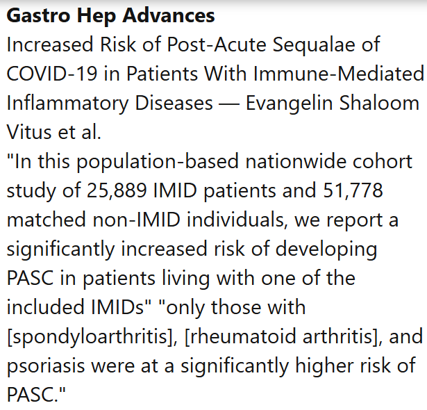 From Denmark:
Increased Risk of Post-Acute Sequalae of COVID-19 in Patients With Immune-Mediated Inflammatory Diseases

ghadvances.org/article/S2772-…

Image is from the Science for ME weekly update

#LongCovid #PASC