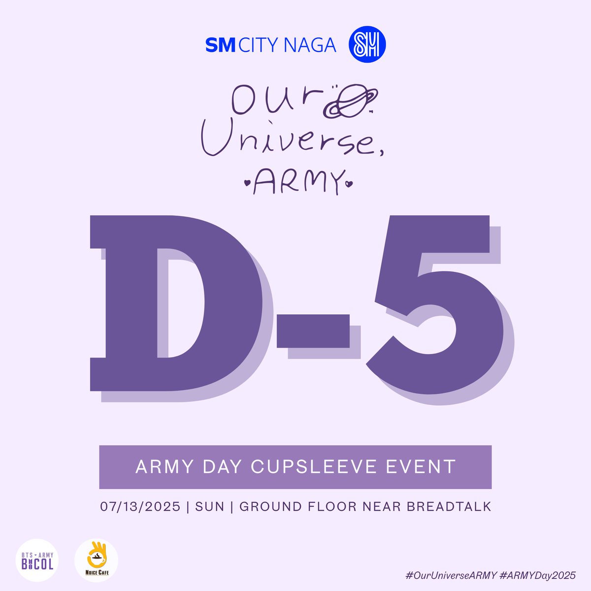 BangtanBicol's tweet photo. Get your 𝗙𝗥𝗘𝗘 𝗲𝘅𝗰𝗹𝘂𝘀𝗶𝘃𝗲 𝗔𝗥𝗠𝗬 𝗗𝗮𝘆 𝗰𝘂𝗽𝘀𝗹𝗲𝗲𝘃𝗲, join fun activities, and score a chance to win official BTS merch — all with any single-receipt drink purchase from Noice Cafe on July 13, 10AM-6PM. 

Don't miss out, ARMY! 💜

#OurUniverseARMY #ARMYDay2025 https://t.co/aJh2ktahP0