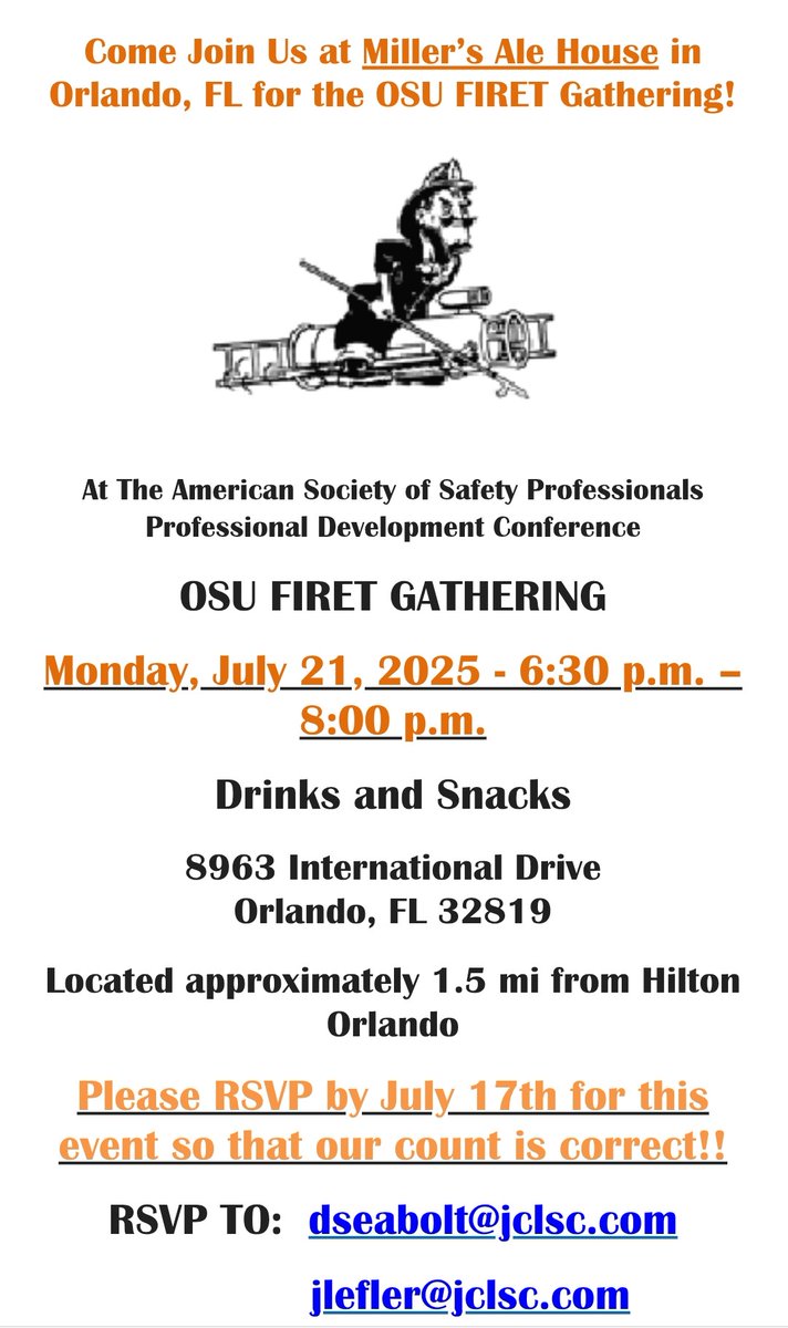 FPSETatOKstate's tweet photo. #okstate #fpset alumni attending ASSP Safety25 PDC in Orlando, please join us for an alumni gathering on Monday evening before the conference begins.  Details below: https://t.co/d33cVlZc8F