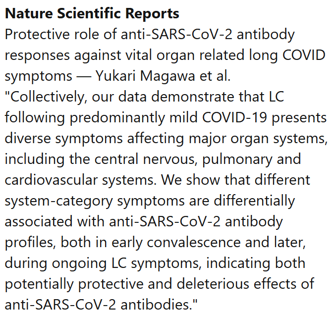 From Brazil:

Protective role of anti-SARS-CoV-2 antibody responses against vital organ related long COVID symptoms

nature.com/articles/s4159…

Image is from the Science for ME weekly update

#LongCovid #PASC