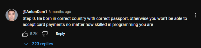 jarrodWattsDev's tweet image. Saw this as the top comment on a video about building profitable apps with AI tools.

Stablecoins solve this, but most developers won&apos;t touch crypto with a 10-foot pole.