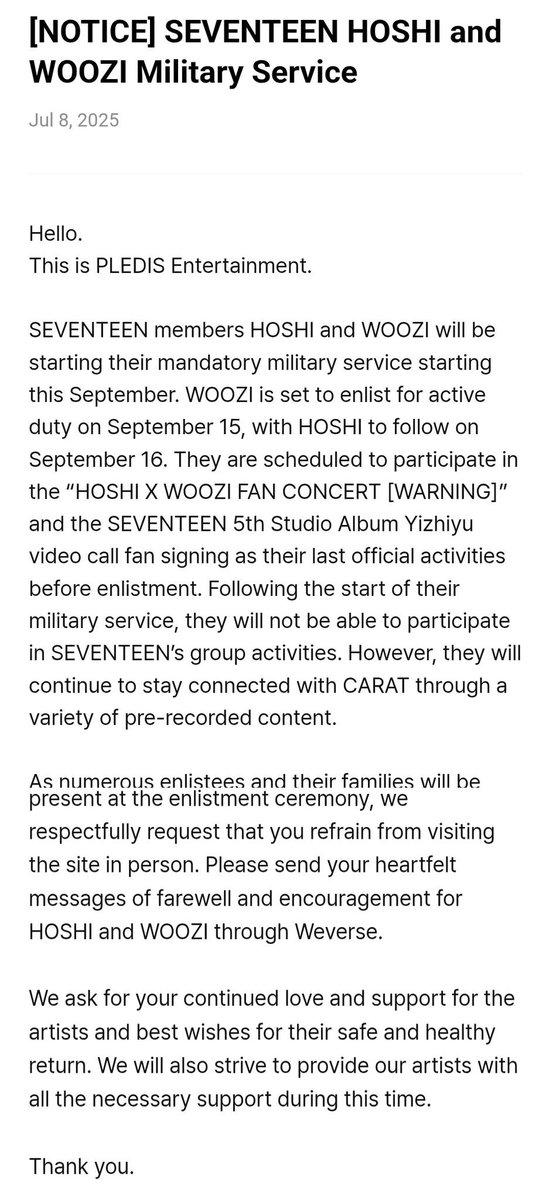 kchartsmaster's tweet photo. SEVENTEEN’s Woozi and Hoshi will begin their mandatory military service on September 15 &amp; 16 respectively. https://t.co/drRLHs8cGR