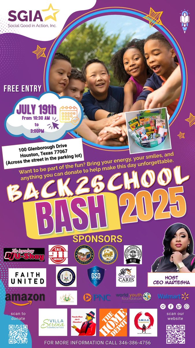 sgiausa's tweet photo. 🎒✨ SGIA Back 2 School Bash 2025 is almost here! ✨🎒
Join us on July 19th from 10:30 AM to 3:00 PM at 100 Glenborough Drive, Houston, TX 77067 (across the street in the parking lot) for a day full of fun, food, and giving back!
Featuring Pancho Claus https://t.co/PTZJl5dzzT