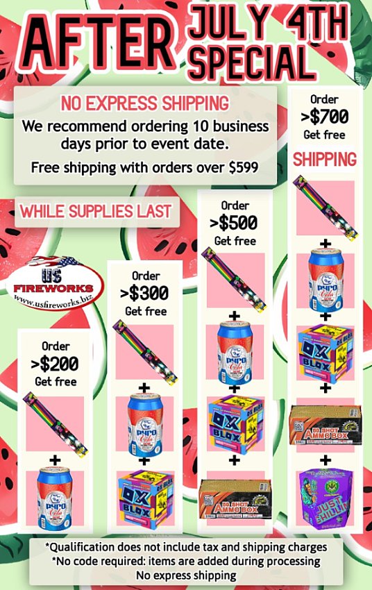 usfireworks's tweet photo. These new free items will light up your summer celebrations!
๐ https://t.co/iHrFexI0dW
#freefireworks #fireworksspecials #usfireworks #summer https://t.co/1vekjSlJwW