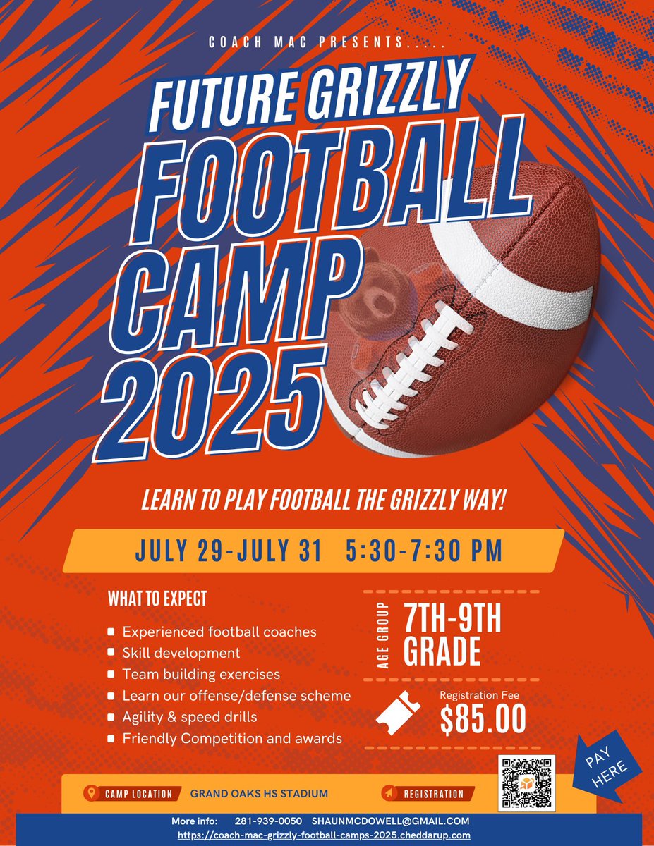 Grand Oaks Football (@goaksfootball) on Twitter photo CALLING ALL 7th, 8th, and 9th GRADE GRIZZLIES!!
The Future Grizzly Football Camp is set for July 29-31. Learn to play football the GRIZZLY WAY!! SIGN UP TODAY!
📆 July 29-31 5:30-7:30 pm
💵 $85
📍Grand Oaks HS
💻 my.cheddarup.com/c/coach-mac-gr…
<a href="/YorkJrHighFball/">York Jr High Football</a> CALLING ALL 7th, 8th, and 9th GRADE GRIZZLIES!!
The Future Grizzly Football Camp is set for July 29-31. Learn to play football the GRIZZLY WAY!! SIGN UP TODAY!
📆 July 29-31 5:30-7:30 pm
💵 $85
📍Grand Oaks HS
💻 my.cheddarup.com/c/coach-mac-gr…
<a href="/YorkJrHighFball/">York Jr High Football</a>