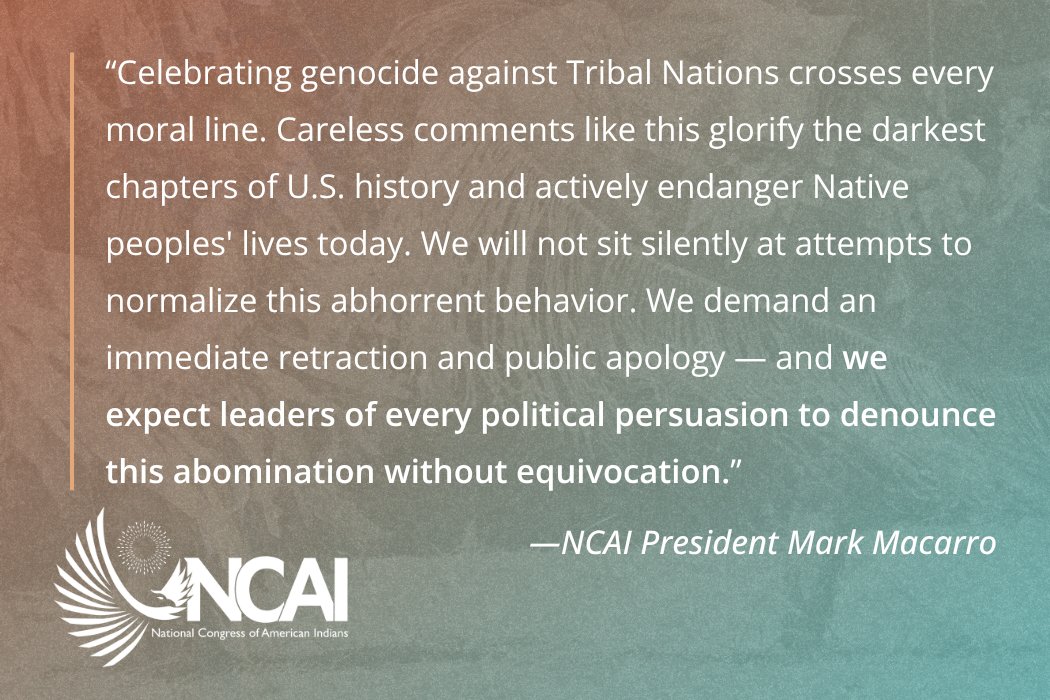 NCAI emphatically condemns the hateful, genocidal statement of Ann Coulter on July 6, 2025. 

Full statement available: ncai.org/news/ncai-cond…