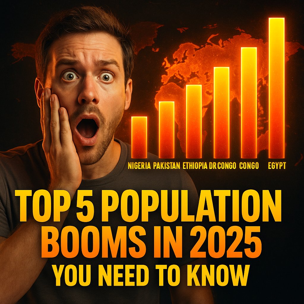 Worldtoplists25's tweet photo. Top 5 population booms in 2025 📊
Some countries will shock you — this growth is wild 🌍
Is it progress or a problem?

💬 Share your thoughts
👣 Follow for more eye-opening world rankings
https://t.co/yRZu55jHoZ

#Population2025 #Top5 #GlobalTrends #WorldTopLists https://t.co/9rKOWGpplh