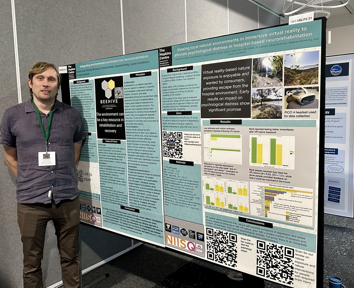 hopkins_centre's tweet image. Hopkins Researcher Mike Norwood launched #datablitz at #NRSIG2025 on #social #environmental #interventions talking about integrating environmental enrichment in rehab &amp;amp; immersive virtual reality #VR of natural environments to reduce #psychological distress in #neurorehabilitation
