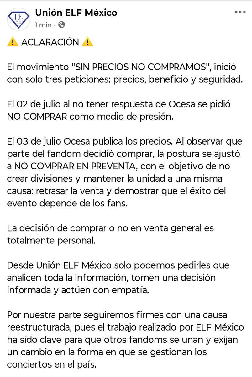 ⚠️ ACLARACIÓN ⚠️

La postura de Unión ELF México es NO COMPRAR EN PREVENTA.

Con el objetivo de no crear divisiones y mantener la unidad en una misma causa: retrasar la venta y demostrar que el éxito del evento depende de los fans.

La decisión de comprar o no en venta general es