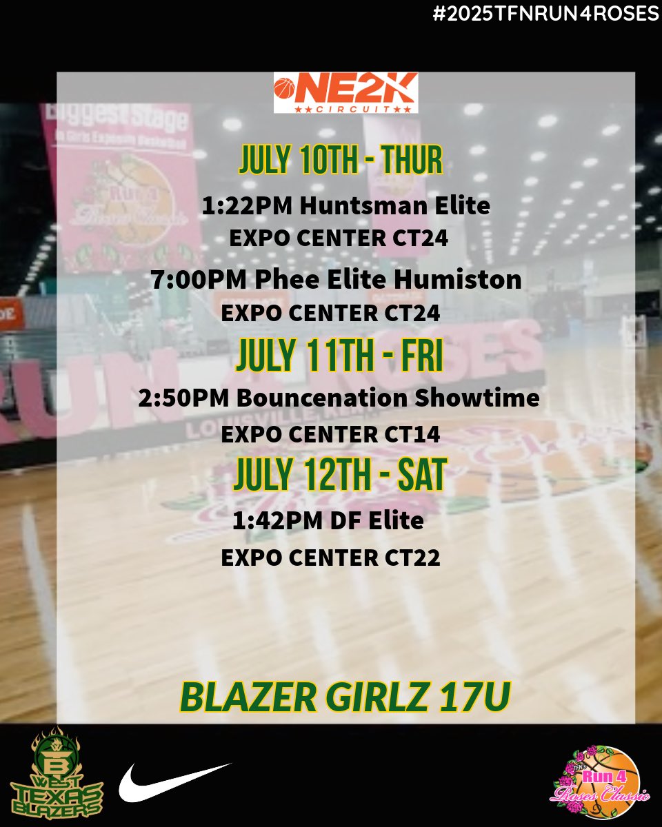 I’m excited to play in the 2025 Run4Roses with <a href="/wtbbAAU/">West Texas Blazers Basketball</a>! This is our schedule, come check us out 💚