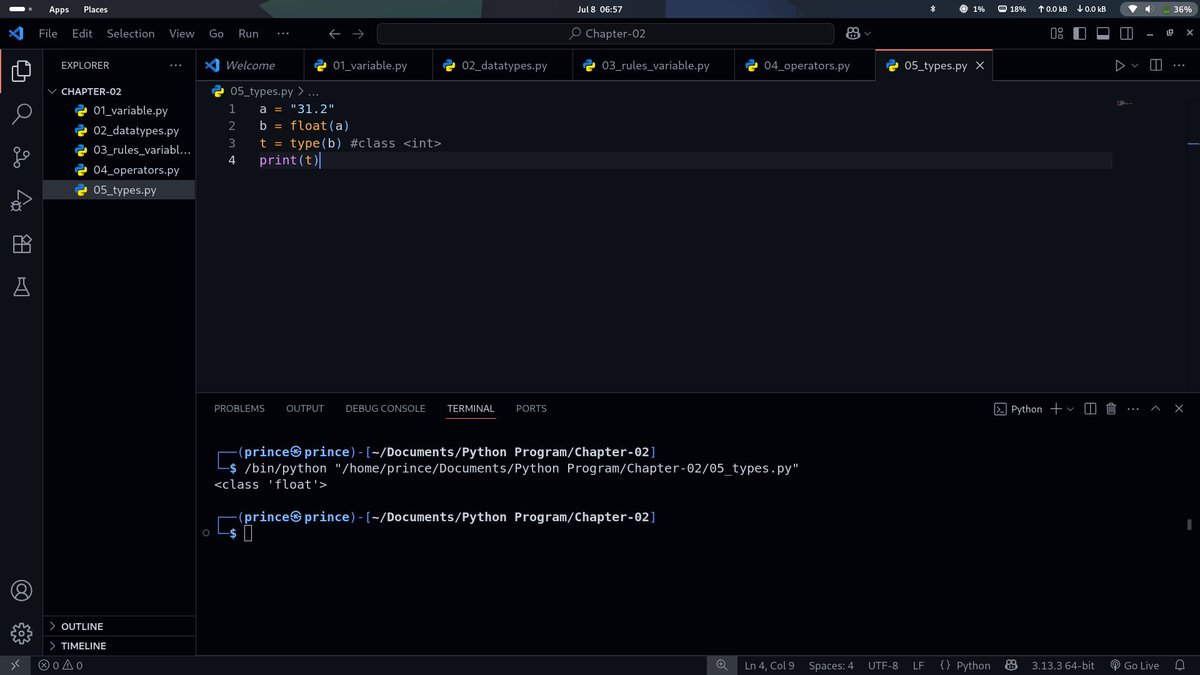 PrinceKush31873's tweet image. Day-10
#Chapter02 Python learning  
Convert strings into float one concept at a time! 💻
#100DaysOfCode #Python #DevJourney #Coding #practice #nonstopcoding  @codewithharry