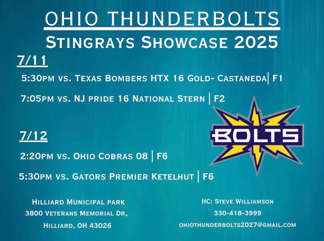 Ohio Thunderbolts 2027~Williamson (@ohiotbolts2027) on Twitter photo <a href="/OHStingraysShow/">Ohio Stingrays Showcase</a> this weekend in Hillard, Ohio!
Starting Pitchers:
7/11
5:30p <a href="/jennajoyce2027/">Jenna Joyce</a> #1
7:20p <a href="/cj_rittinger/">CJ Rittinger</a> #2
7/12
2:20p <a href="/reesewells26/">Reese Wells 2026 RHP</a> #6
5:30p TBD
Catchers: <a href="/AddieRudge2028/">Addie Rudge 2028</a> & <a href="/Ady_Freeman0109/">Adysen Freeman</a> <a href="/OHStingraysShow/">Ohio Stingrays Showcase</a> this weekend in Hillard, Ohio!
Starting Pitchers:
7/11
5:30p <a href="/jennajoyce2027/">Jenna Joyce</a> #1
7:20p <a href="/cj_rittinger/">CJ Rittinger</a> #2
7/12
2:20p <a href="/reesewells26/">Reese Wells 2026 RHP</a> #6
5:30p TBD
Catchers: <a href="/AddieRudge2028/">Addie Rudge 2028</a> & <a href="/Ady_Freeman0109/">Adysen Freeman</a>