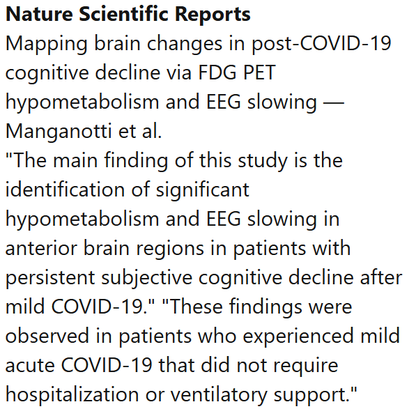 From Italy:
"identification of significant hypometabolism and EEG slowing in anterior brain regions in patients with persistent subjective cognitive decline after mild COVID-19"

nature.com/articles/s4159…

Image is from the Science for ME weekly update

#NeuroPASC #LongCovid