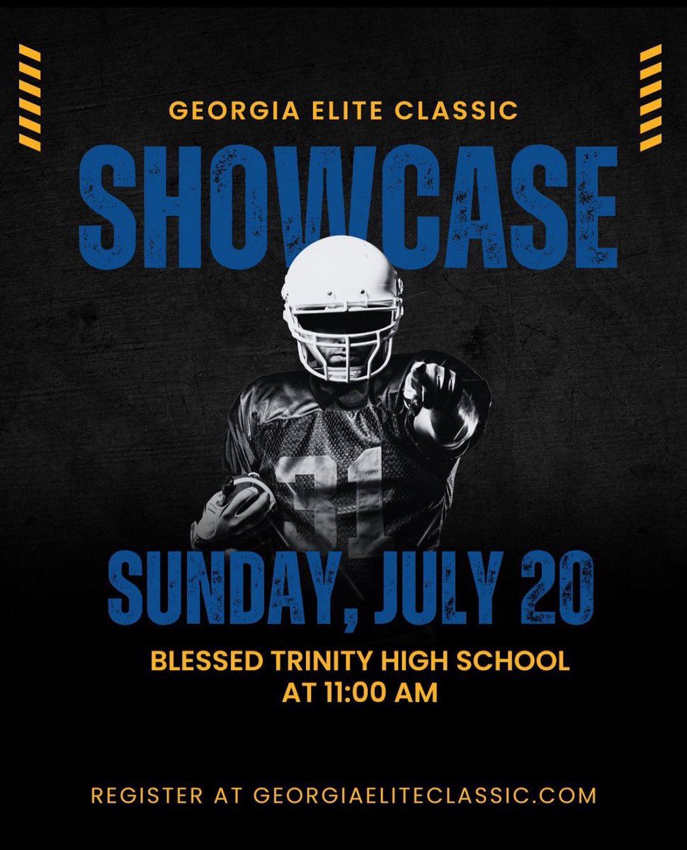 Cameron Sutton (@cam_sutton8) on Twitter photo Excited to compete at the <a href="/GAEliteClassic/">GeorgiaEliteClassic</a> Showcase July 20th at Blessed Trinity HS.
<a href="/RustyMansell_/">Rusty Mansell</a> <a href="/ChadSimmons_/">ChadSimmons</a> <a href="/scoreatlanta/">SCORE Atlanta</a> <a href="/najehwilk/">Najeh Wilkins</a> <a href="/ATLNewsFirst/">Atlanta News First</a> <a href="/PisgahFootball/">Mount Pisgah Football</a> <a href="/Coach_BWatkins/">Brad Watkins</a> <a href="/J_OConnor12/">Coach O</a> <a href="/johnmhurst/">John Hurst</a> <a href="/PrepRedzoneNext/">Prep Redzone 𝙉𝙀𝙓𝙏 🏈</a> <a href="/PrepRedzone/">Prep Redzone 🏈</a> <a href="/__AustinButler/">AB</a> <a href="/TheUCReport/">Billy Tucker</a> <a href="/FBUcamp/">Football University</a> Excited to compete at the <a href="/GAEliteClassic/">GeorgiaEliteClassic</a> Showcase July 20th at Blessed Trinity HS.
<a href="/RustyMansell_/">Rusty Mansell</a> <a href="/ChadSimmons_/">ChadSimmons</a> <a href="/scoreatlanta/">SCORE Atlanta</a> <a href="/najehwilk/">Najeh Wilkins</a> <a href="/ATLNewsFirst/">Atlanta News First</a> <a href="/PisgahFootball/">Mount Pisgah Football</a> <a href="/Coach_BWatkins/">Brad Watkins</a> <a href="/J_OConnor12/">Coach O</a> <a href="/johnmhurst/">John Hurst</a> <a href="/PrepRedzoneNext/">Prep Redzone 𝙉𝙀𝙓𝙏 🏈</a> <a href="/PrepRedzone/">Prep Redzone 🏈</a> <a href="/__AustinButler/">AB</a> <a href="/TheUCReport/">Billy Tucker</a> <a href="/FBUcamp/">Football University</a>