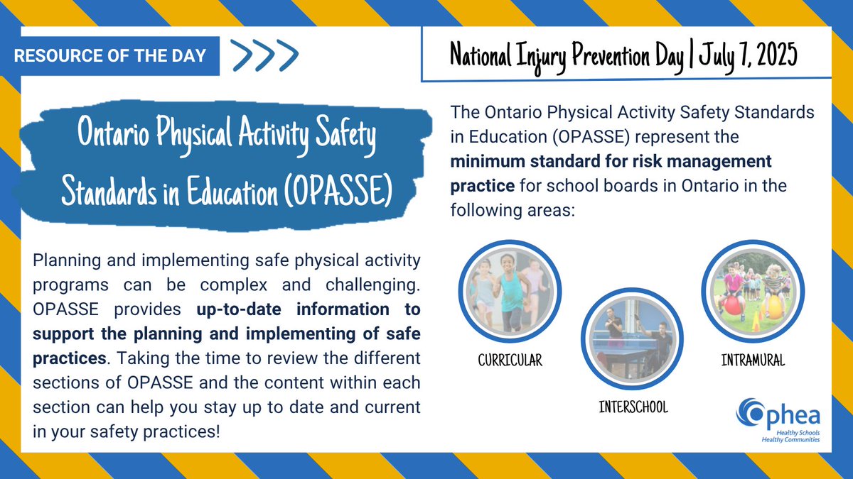 DYK it's #NationalInjuryPreventionDay? Today's #ROTD is... 🥁 #OPASSE! OPASSE provides information &amp; direction to assist in the safe implementation of physical activities for all students by minimizing inherent risk. Learn more: safety.ophea.net