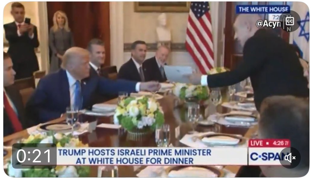 Today’s Trump/Netanyahu meeting was an embarrassingly gross “log-rolling” exercise in flattery. Netanyahu says he nominating Trump for Nobel Peace Prize. Trump calls Netanyahu “the greatest man alive.” It made me sick. 
Meanwhile the genocide of Palestinians continues