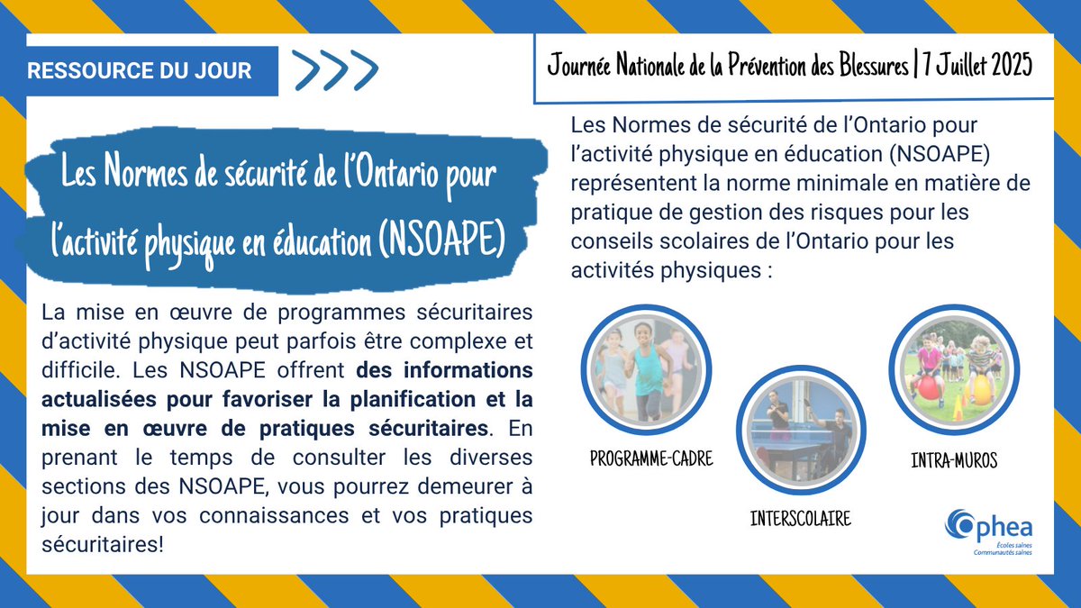 SVQ c'est la #JournéeNationaleDeLaPréventionDesBlessures? La ressource du jour est #NSOAPE ! NSOAPE fournit des informations et directives pour faciliter la pratique d'activités physiques pour tous les élèves en minimisant les risques. Apprenez-en plus:  securite.ophea.net