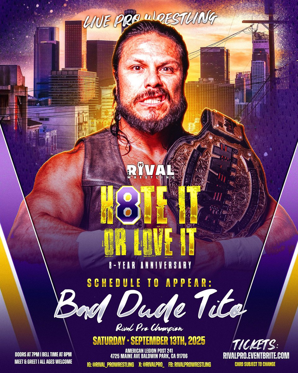 RivalPro_'s tweet image. 🚨 BDE, The Champ is here🚨
@baddudetito returns with only one thing in mind! Successfully defending the Rival Pro Championship at “H8TE it or LOVE it”
Rival Pro Wrestling, 8 year Anniversary.
LIVE 09/13/25 in Baldwin Park, CA
🎟️ Tickets at RivalPro.Eventbrite.com
🎨 @hibanhuerta