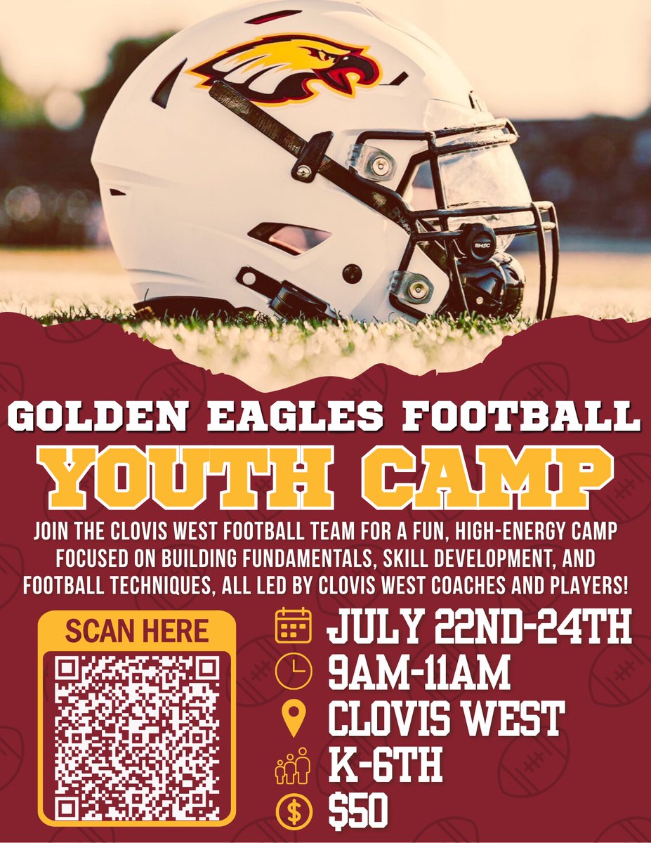 Clovis West Football (@cw__football) on Twitter photo Calling All Future Eagles! 🦅
Join us at our Golden Eagles Football Youth Camp!
3 days of high-energy drills, skill building, and fun with CW There are limited spots! Click the link below or scan the QR code!
Questions? Email:cwhsfootball24@gmail.com
clovisusd.revtrak.net/educational-se… Calling All Future Eagles! 🦅
Join us at our Golden Eagles Football Youth Camp!
3 days of high-energy drills, skill building, and fun with CW There are limited spots! Click the link below or scan the QR code!
Questions? Email:cwhsfootball24@gmail.com
clovisusd.revtrak.net/educational-se…