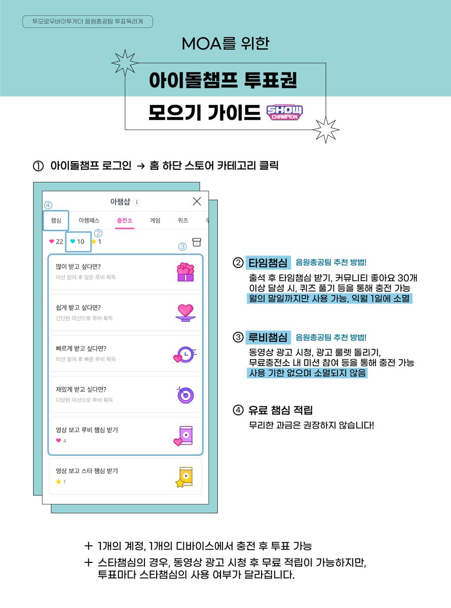 TXT_STVOTE's tweet image. 🩷 모아를 위한 음악방송 투표권 가이드

✔️ 아이돌챔프는 ⭐️쇼챔피언에 반영⭐️될 수 있는 사전 투표가 진행됩니다.

✔️ 올차트는 ⭐️뮤직뱅크에 반영⭐️될 수 있는 사전 투표가 진행됩니다.

✔️뮤빗은 ⭐️음악중심에 반영⭐️될 수 있는 사전 투표 및 실시간 투표가 진행됩니다.