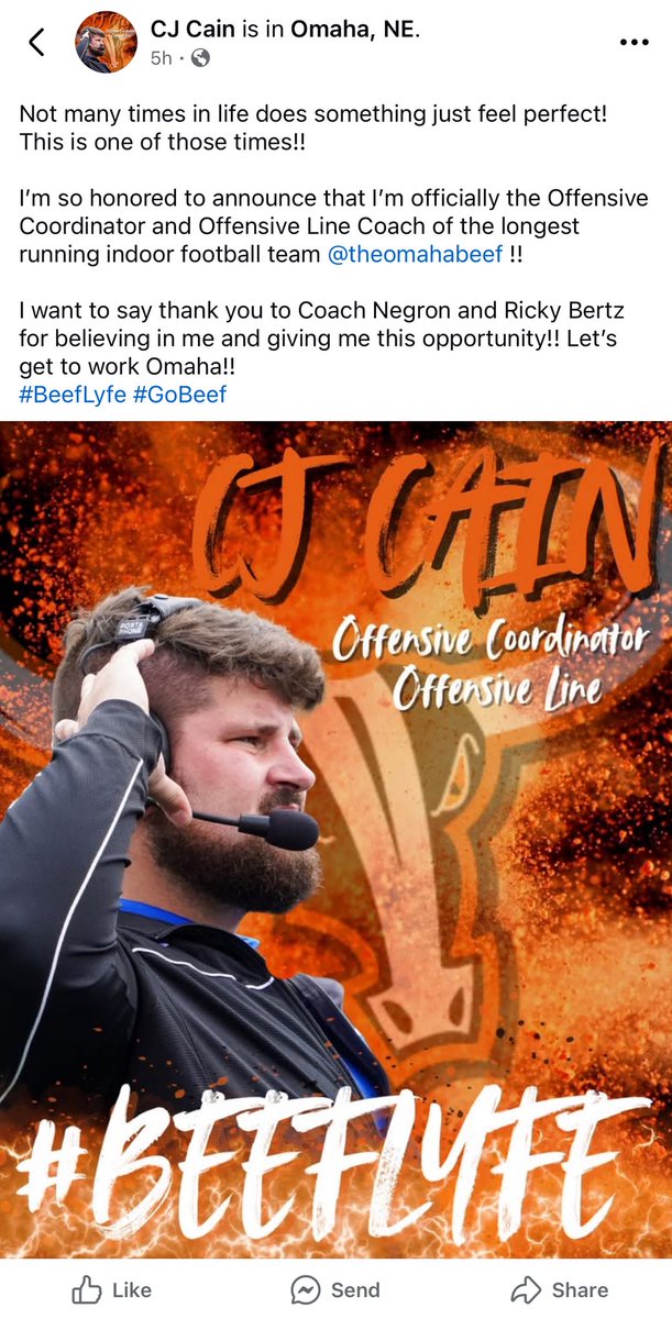 XFLMike's tweet image. NEWS:

CJ Cain announced he’s joined @TheOmahaBeef staff as their new Offensive Coordinator &amp;amp; Offensive Line Coach.

Per CJ Cain’s Facebook Post

#NAL #NAL2026