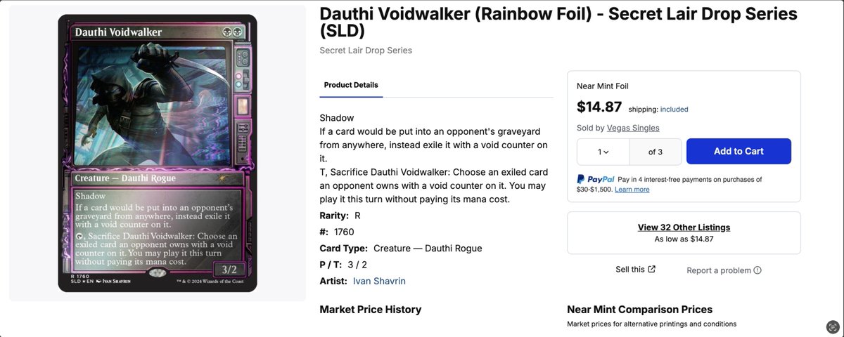 NGC_Collects's tweet photo. 🚨 Spec Alert: Dauthi Voidwalker (SL Rainbow Foil)

This card is criminally underpriced at ~$15.

✅ Graveyard hate
✅ Free cast from exile
✅ Dope SL treatment
✅ Played in 230K @edhrec decks

I can see this hitting $30+

#MTGFinance #MagicTheGathering #Specs #EDH https://t.co/mHjX2ftZsr