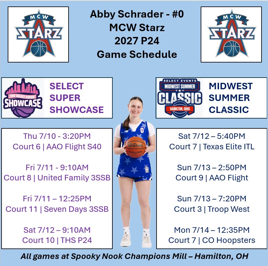 Here is my schedule for Spooky Nook Ohio! So excited to compete with my team! <a href="/MCWSTARZ/">MCW STARZ</a> <a href="/NewHamptonWBB/">Women's Basketball | New Hampton School</a>