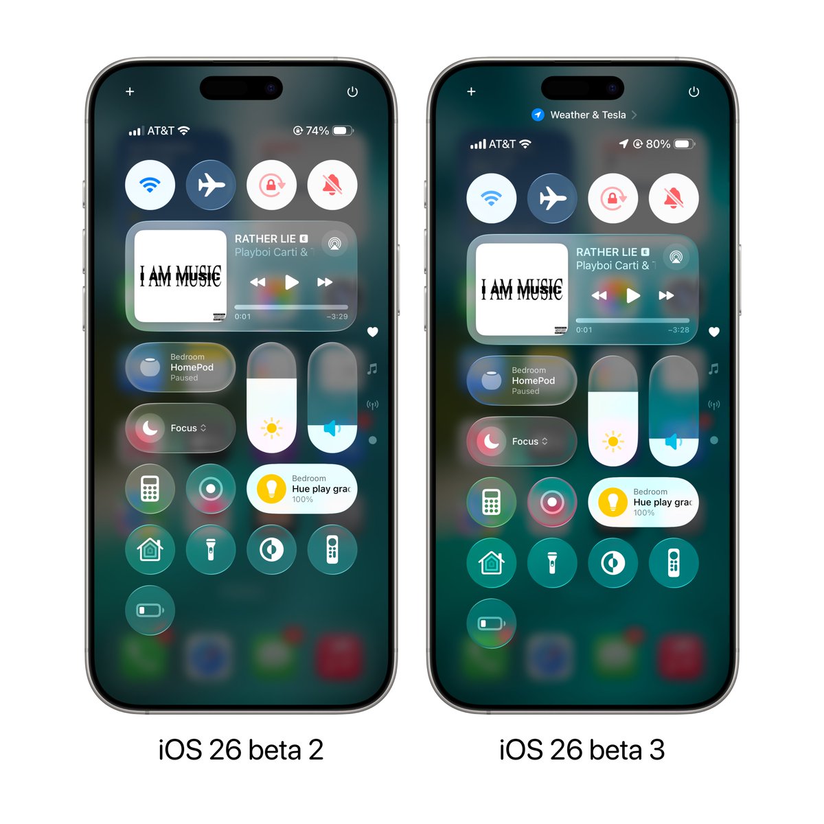 Control Center in iOS 26 beta 2 vs 3