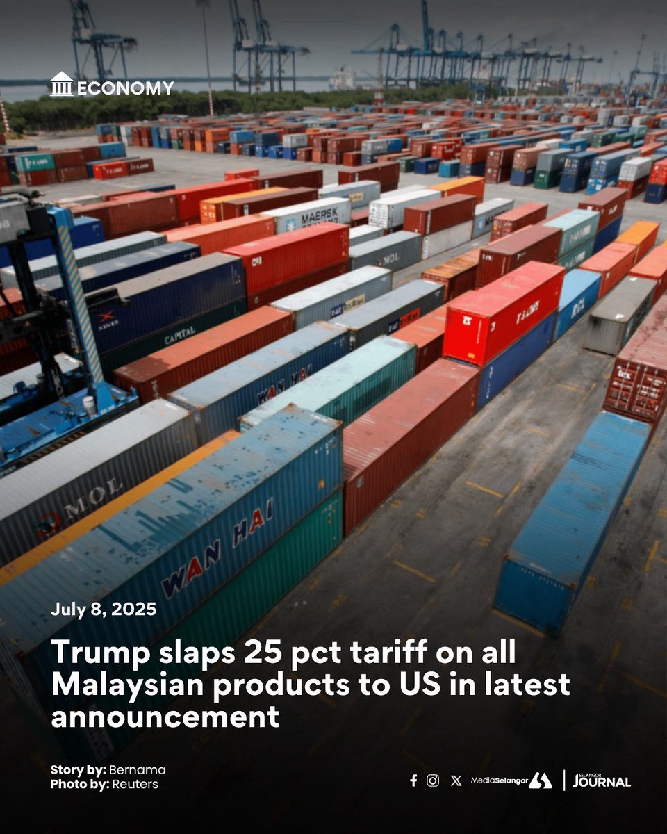 The United States has imposed a higher tariff of 25 per cent on any and all Malaysian products sent into the country, separate from all sectoral tariffs, effective August 1, this year.

This is one percentage point higher compared to what had been announced in April.

In a letter