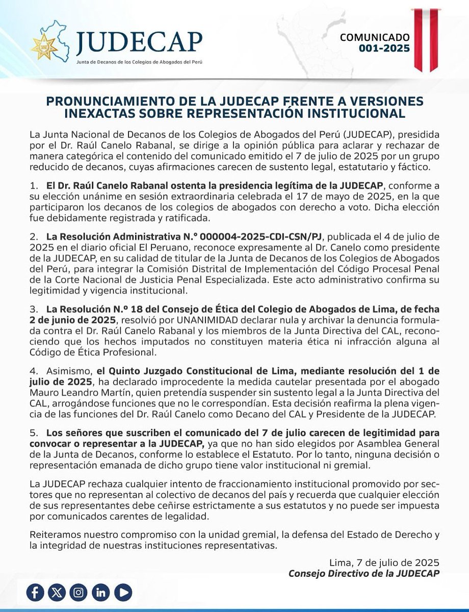 JUDECAP_OFICIAL's tweet image. 🔵 🇵🇪 #COMUNICADO | PRONUNCIAMIENTO DE LA JUDECAP ANTE VERSIONES INEXACTAS SOBRE REPRESENTACIÓN INSTITUCIONAL

Lima, 7 de julio de 2025

Consejo Directivo de la JUDECAP