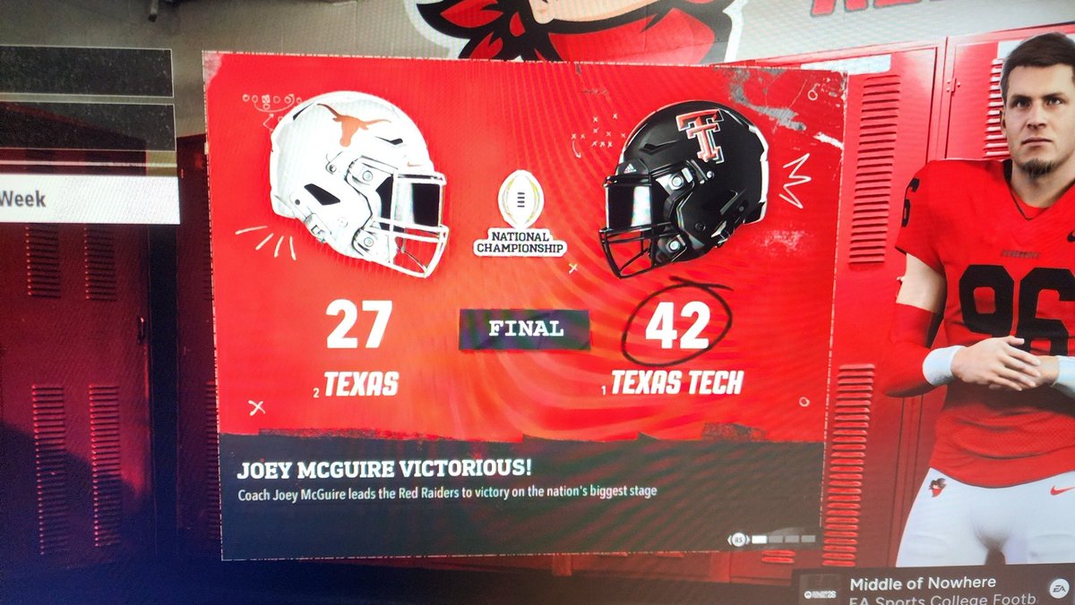 Also, when I advanced to the college section of the game, it said Texas Tech beat Texas in the National Championship.