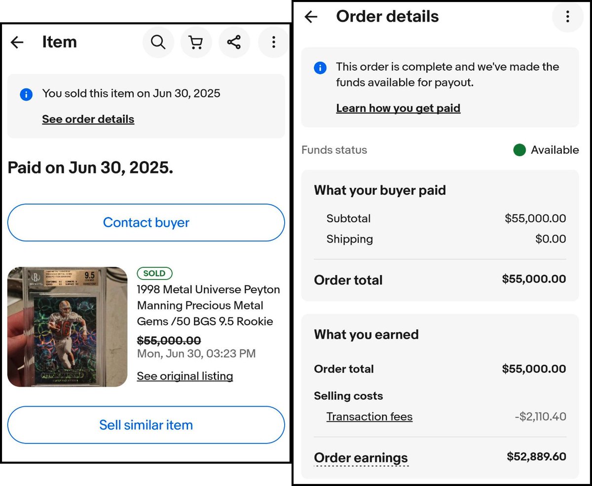 re: "terapeak displays all paid sales"  — i generally agree, and at card ladder we rely on it as one of several means of verification

but it isn't always correct

this peyton manning PMG was paid a week ago, with proof attached from the seller

but it doesn't appear in terapeak