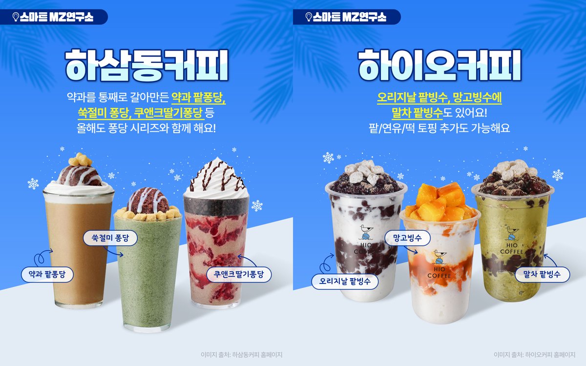 빅데이터로 보는 #MZ세대,
#스마트MZ연구소 입니다.

#스마트 PICK, #컵빙수 먹킷 리스트!

1. #메가커피
2. #컴포즈커피
3. #우지커피
4. #공차
5. #하삼동커피
6. #하이오커피

#교복에패션을더하다 #스마트학생복 #스마트교복 #스마트고
#팥빙수 #망고빙수 #파르페 #쉐이크 #토핑 #약과 #말차