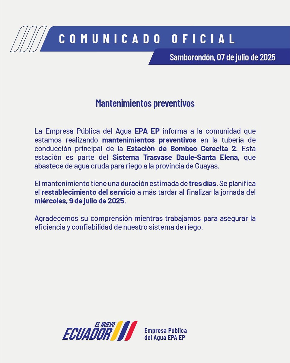 📍COMUNICADO | La Empresa Pública del Agua EPA EP informa a la ciudadanía.