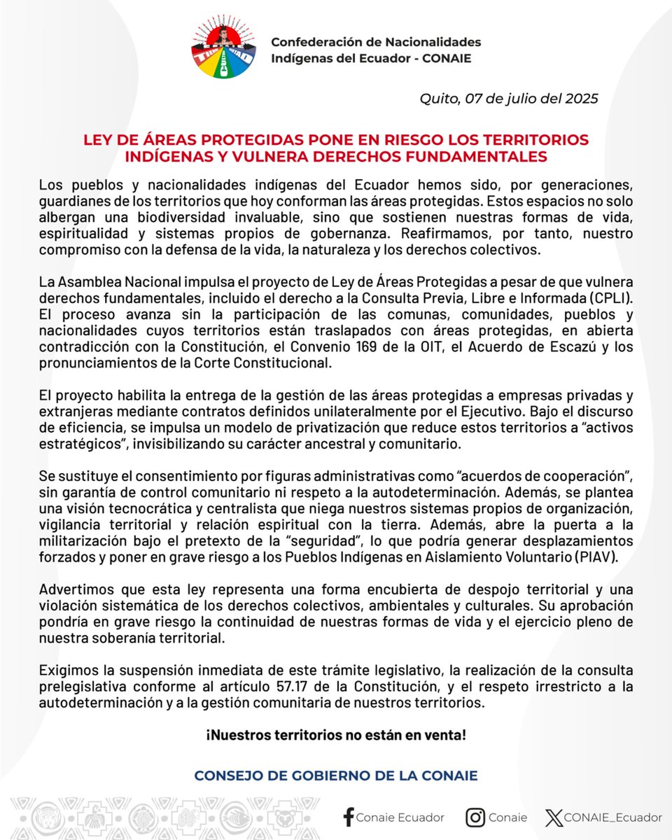🔴 [COMUNICADO]
El proyecto de Ley de Áreas Protegidas amenaza los territorios indígenas y viola derechos fundamentales, como la Consulta Previa, Libre e Informada.
Pretende abrir las puertas a la privatización de territorios habitados, gestionados y protegidos ancestralmente por