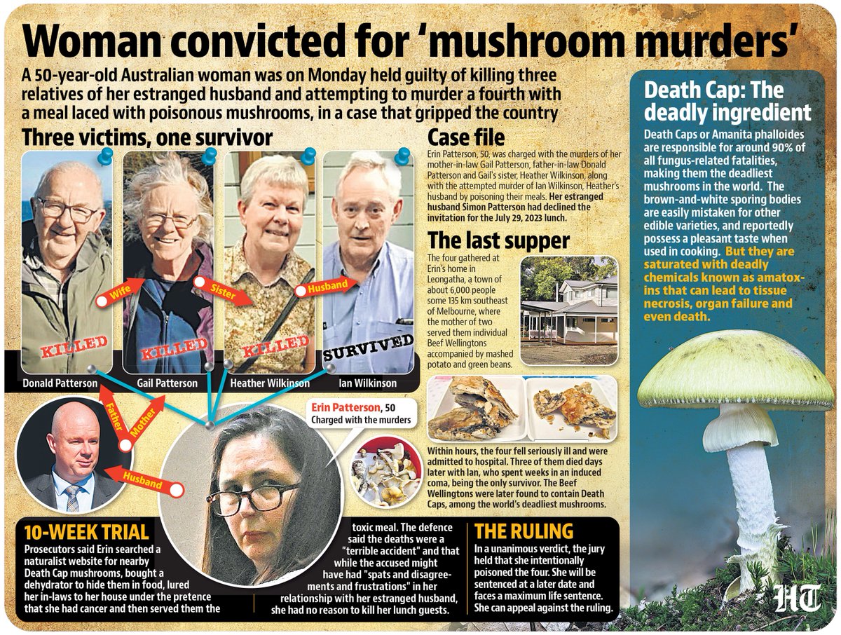 A woman from Australia was found guilty on Monday of killing three of her estranged husband’s elderly relatives by serving them a meal with poisonous mushrooms. The case drew major attention across the country. 

More details: hindustantimes.com/world-news/who… 

(✍️Varnika Srivastava)