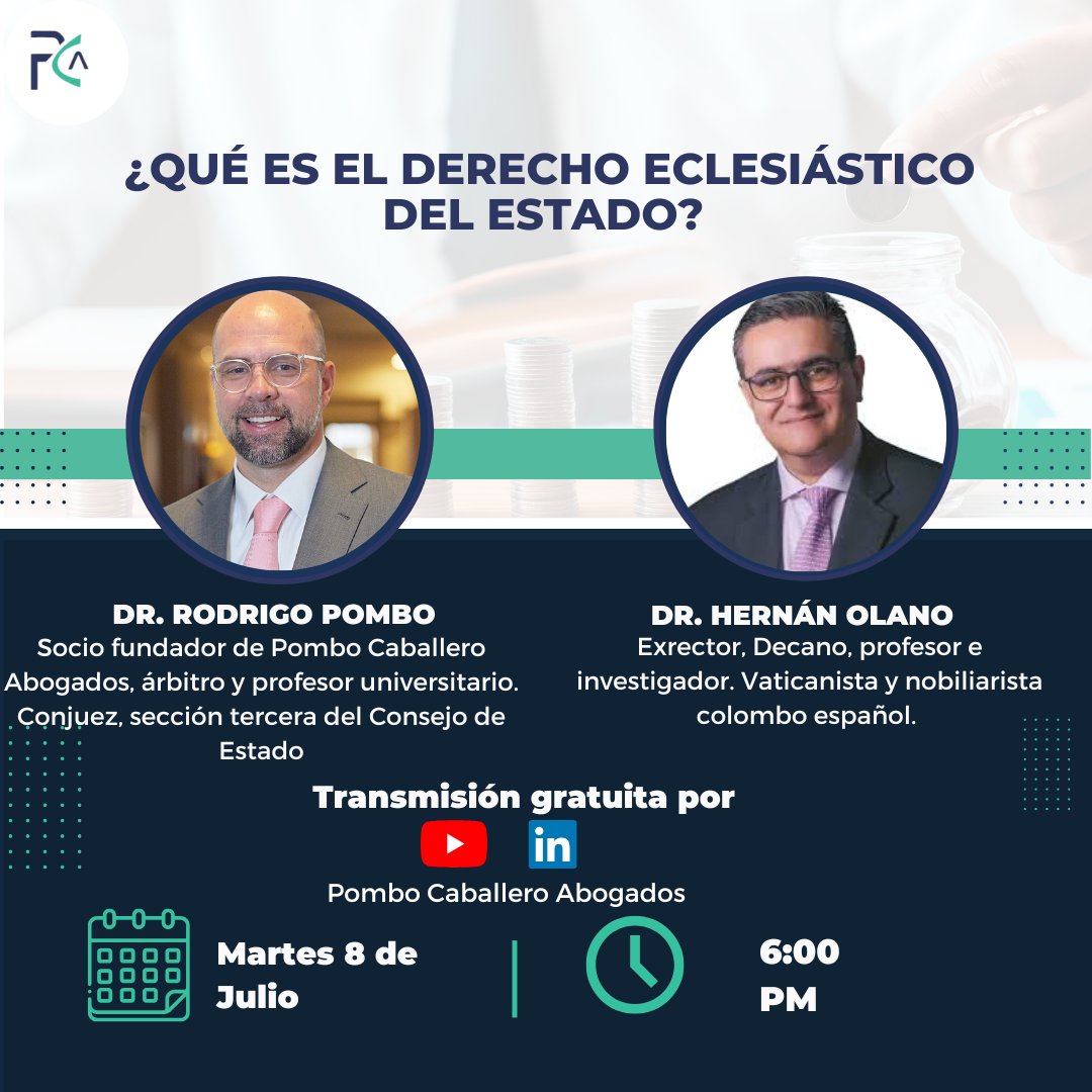 Pombo Caballero Abogados (@pombocaballero) on Twitter photo Hoy a las 6PM nuestro socio fundador <a href="/rpombocajiao/">Rodrigo Pombo cajiao</a> conversará con el Dr. <a href="/HernanOlano/">Hernan Olano</a>, sobre el Derecho Eclesiástico del Estado, quien desglosará cómo las leyes regulan la interacción entre lo religioso y lo público. Los esperamos👇🏼
youtu.be/RWTyfP1wn4U Hoy a las 6PM nuestro socio fundador <a href="/rpombocajiao/">Rodrigo Pombo cajiao</a> conversará con el Dr. <a href="/HernanOlano/">Hernan Olano</a>, sobre el Derecho Eclesiástico del Estado, quien desglosará cómo las leyes regulan la interacción entre lo religioso y lo público. Los esperamos👇🏼
youtu.be/RWTyfP1wn4U