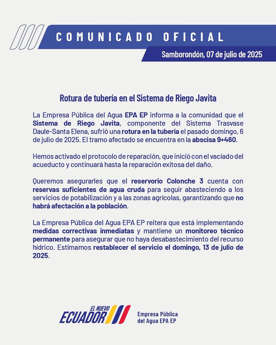 📍COMUNICADO | La Empresa Pública del Agua EPA EP informa a la ciudadanía.