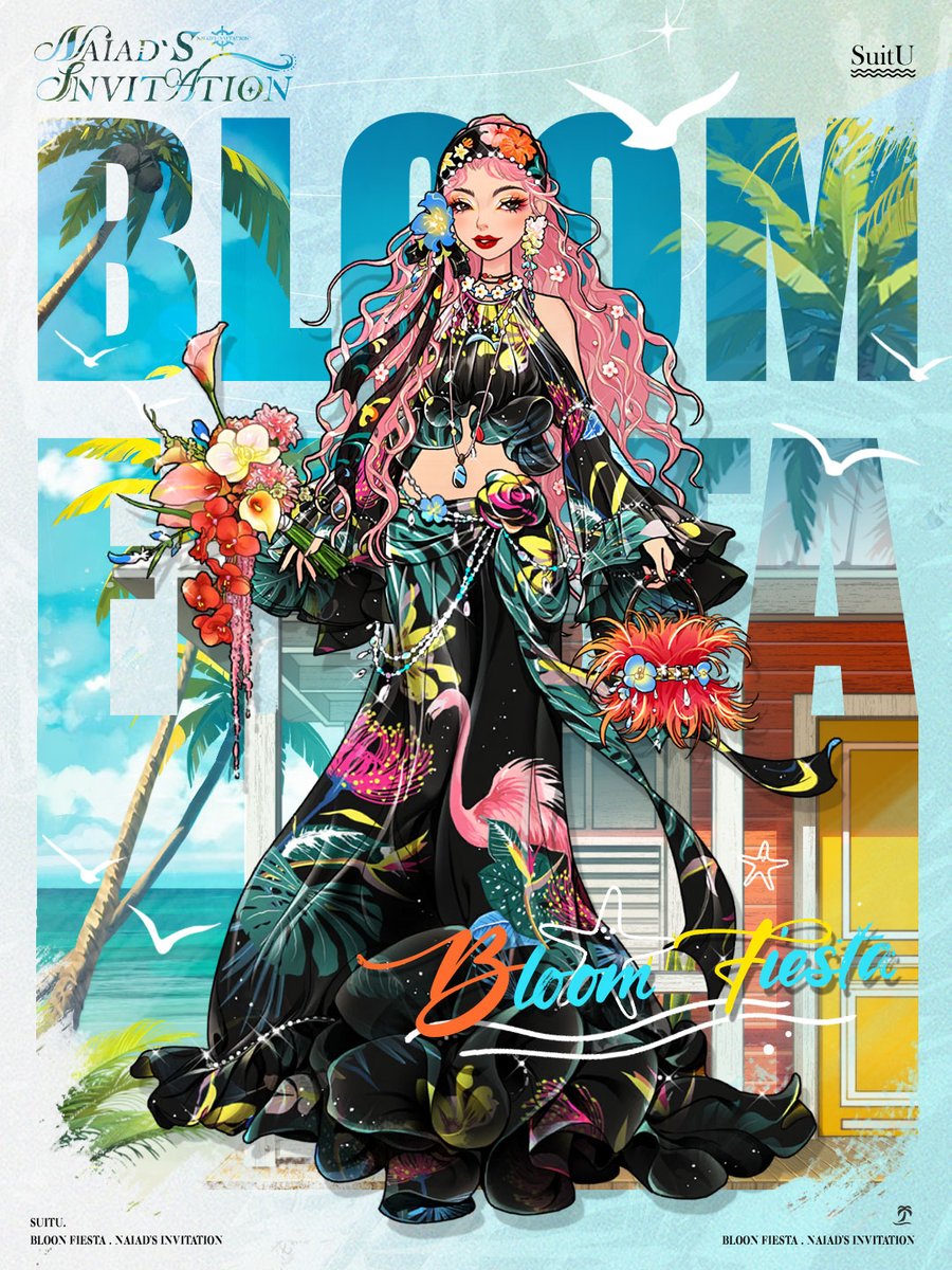 🌺【4-Star Gacha】Naiad’s Invitation | Bloom Fiesta 
 
Hey Stylists!  

A salty ocean breeze mingles with vivid floral patterns on a black skirt, while swaying tree shadows and clinking ice compose a summer symphony. 🌴 

⏰Event Duration: 07/11 - 07/30 00:00 (UTC-8)  
 
#SuitU