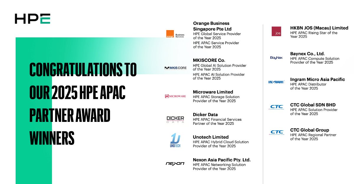 Congratulations to the HPE APAC Partner Awards 2025 winners! Your #innovation and excellence strengthen our #partner ecosystem. Your commitment to delivering impactful technology solutions drives mutual #growth and customer success. Learn more: hpe.to/60124mFx0