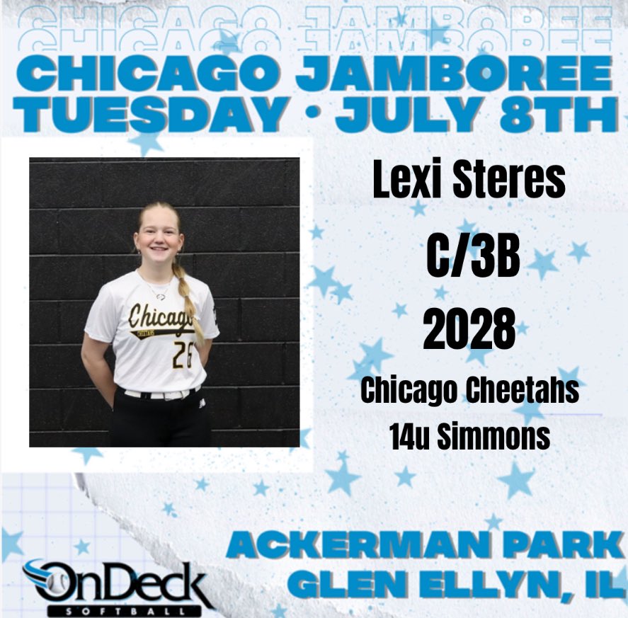 Alexis “Lexi” Steres (@lexisteres2028) on Twitter photo Super excited to be attending the Chicago Jamboree tomorrow. Thank you so much <a href="/ondecksoftball/">OnDeck Softball 🥎</a> for this opportunity!
<a href="/CheetahsSimmons/">Chicago Cheetahs 14u</a>
<a href="/SbCheetahs/">Chicago Cheetahs Organization</a>
<a href="/joshbaer24/">Josh Baer</a>
<a href="/BoDomeBville/">Bo Dome Bensenville</a> Super excited to be attending the Chicago Jamboree tomorrow. Thank you so much <a href="/ondecksoftball/">OnDeck Softball 🥎</a> for this opportunity!
<a href="/CheetahsSimmons/">Chicago Cheetahs 14u</a>
<a href="/SbCheetahs/">Chicago Cheetahs Organization</a>
<a href="/joshbaer24/">Josh Baer</a>
<a href="/BoDomeBville/">Bo Dome Bensenville</a>