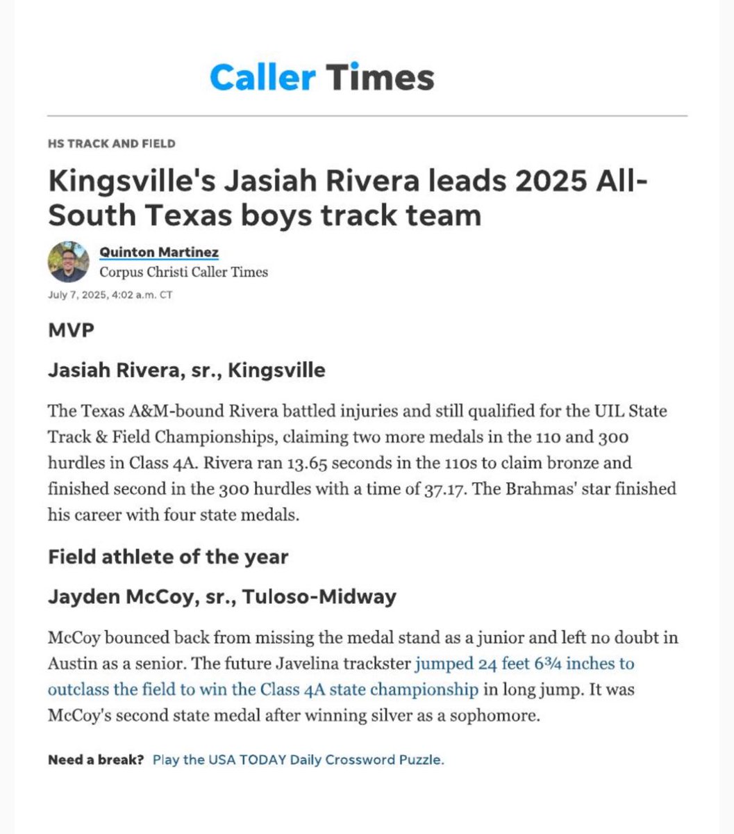 I am honored to be selected to the 2025 Caller Times All-South Texas boys track team. 1st Team.