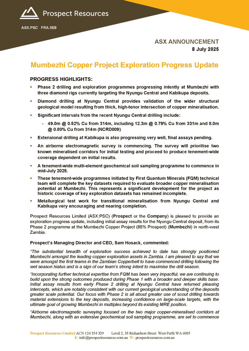 $PSC.AX is making strong progress at the Mumbezhi Copper Project in Zambia. Phase 2 drilling has returned 49m @ 0.52% Cu at Nyungu Central. Drilling at Kabikupa is ongoing. Airborne EM, soil sampling &amp; metallurgical test work are all underway: bit.ly/44PvCzX

$PSC