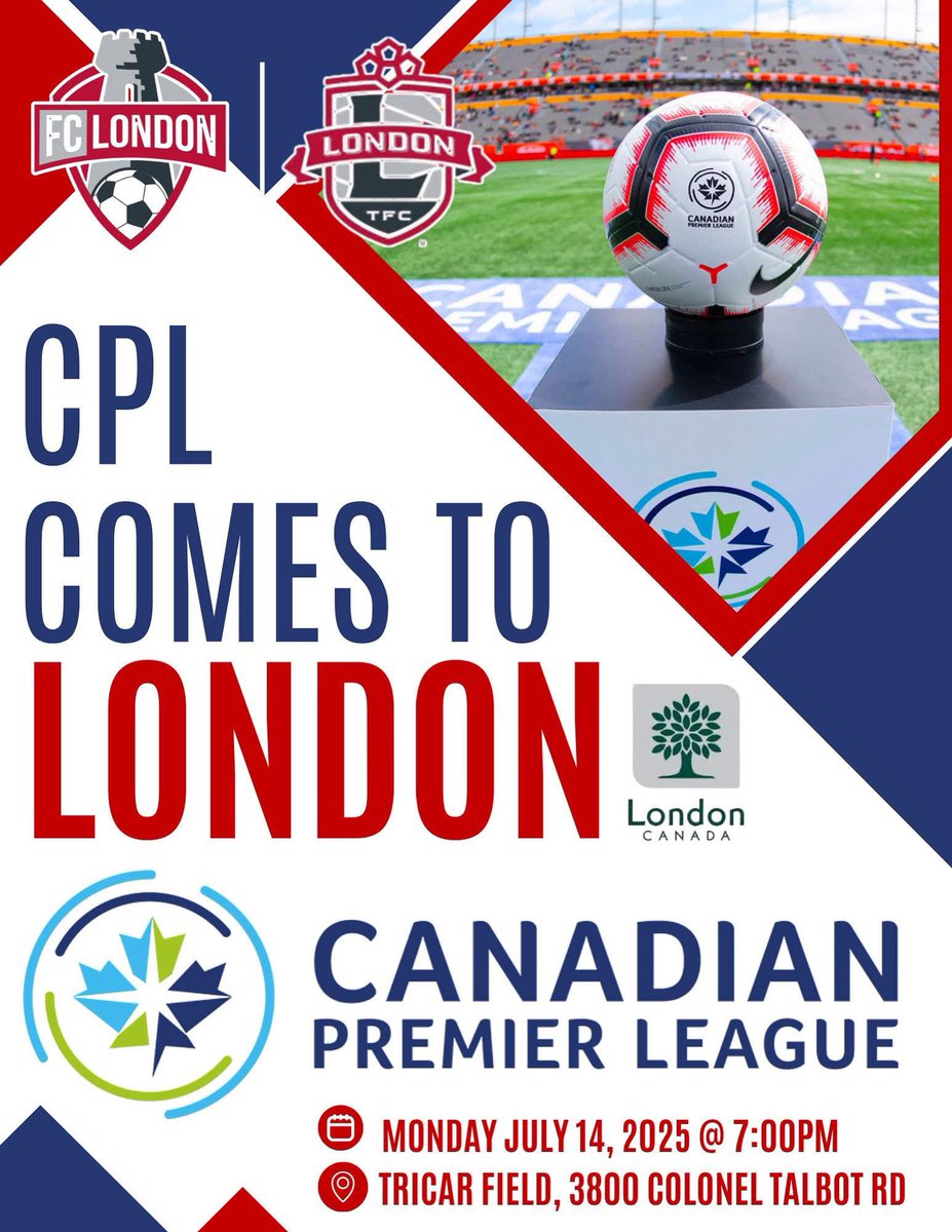 🇨🇦 CPLx London | Info Night 🇨🇦
The pro pathway runs through London — we’re just getting started.

Canadian Premier League (CPL) representative is coming to TriCar Clubhouse to talk about what it takes to get to the next level — and why London matters in that journey.
