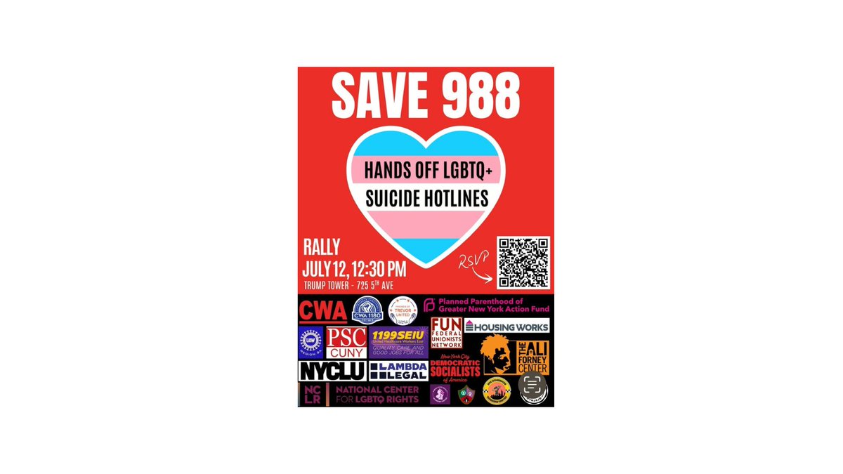 Check out the rally on 7/12 at 12:30 PM Eastern to fight against the federal closure of the suicide hotline dedicated to #LGBTQ youth on #988.

#protectLGBTQyouth #suicidehotline #nyc #handsoff