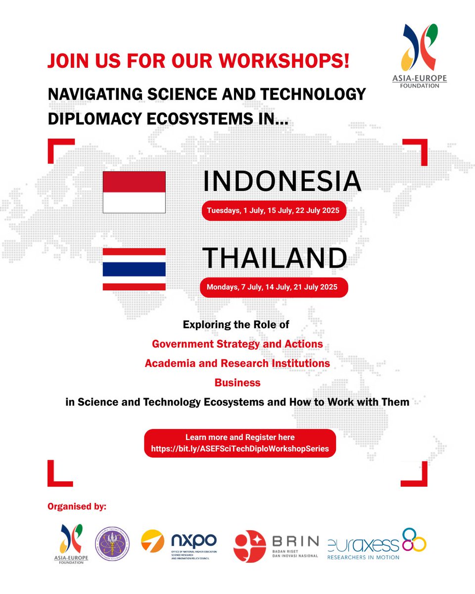 @EuraxessASEAN (@euraxessasean) on Twitter photo Explore Science & Technology Diplomacy in ๐น๐ญ &๐ฎ๐ฉand join our Country Focused Workshop Series organised by <a href="/aseforg/">Asia-Europe Foundation</a>. EURAXESS ASEAN supports the Sessions on Academia & Research Institutions. Register:
๐น๐ญ Mon, 14 Jul: tinyurl.com/4djca862
๐ฎ๐ฉ Tue, 15 Jul: tinyurl.com/4cjvmkss Explore Science & Technology Diplomacy in ๐น๐ญ &๐ฎ๐ฉand join our Country Focused Workshop Series organised by <a href="/aseforg/">Asia-Europe Foundation</a>. EURAXESS ASEAN supports the Sessions on Academia & Research Institutions. Register:
๐น๐ญ Mon, 14 Jul: tinyurl.com/4djca862
๐ฎ๐ฉ Tue, 15 Jul: tinyurl.com/4cjvmkss