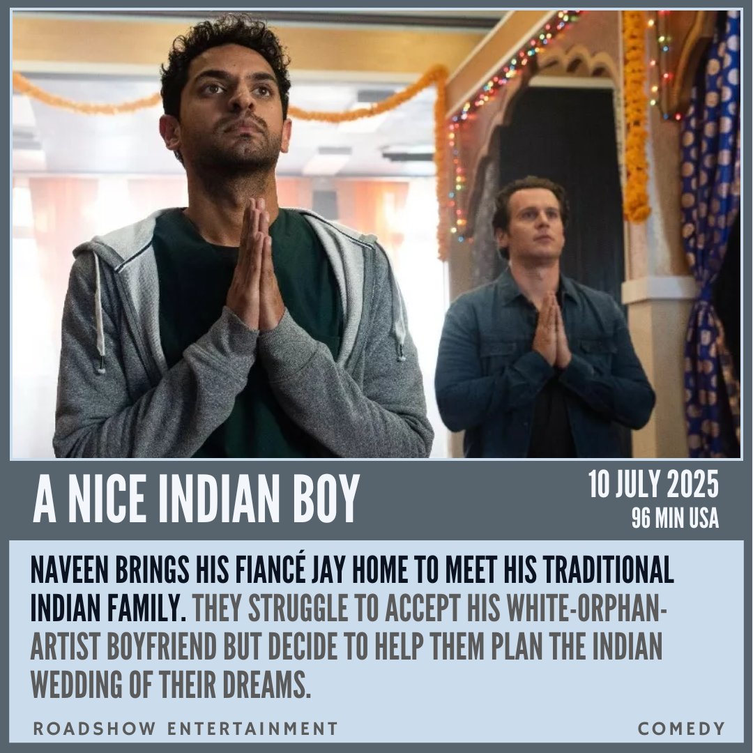 Naveen brings his fiancé Jay home to meet his traditional Indian family. They struggle to accept his white-orphan-artist boyfriend but decide to help them plan the Indian wedding of their dreams.
filmq.com.au/movie/nice-ind…

#filmQ #aNiceIndianBoy <a href="/aniceindianboy/">A Nice Indian Boy</a> <a href="/RoadshowFilms/">Roadshow Films</a>