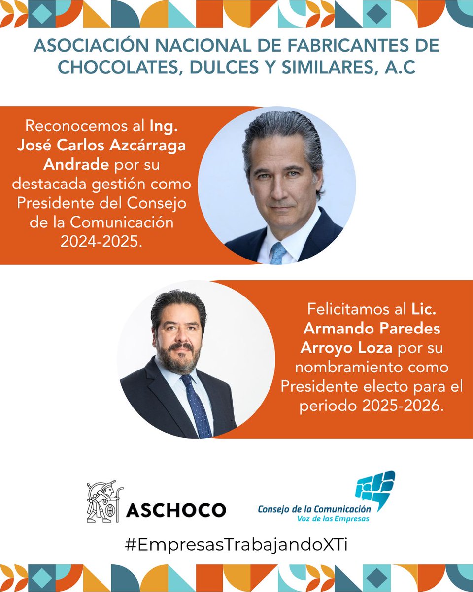Reconocemos al Ing. José Carlos Azcárraga Andrade por su destacada gestión como Presidente del <a href="/ConsejoCC/">Consejo Comunicación</a>  2024-2025 y felicitamos al Lic. Armando Paredes Arroyo Loza por su nombramiento como Presidente electo para el periodo 2025-2026. #EmpresasTrabajandoXTi