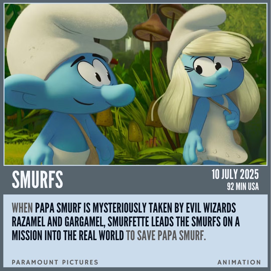 When Papa Smurf is mysteriously taken by evil wizards Razamel and Gargamel, Smurfette leads the Smurfs on a mission into the real world to save Papa Smurf.
filmq.com.au/movie/smurfs-2…

#filmQ #Smurfs #ParamountPictures