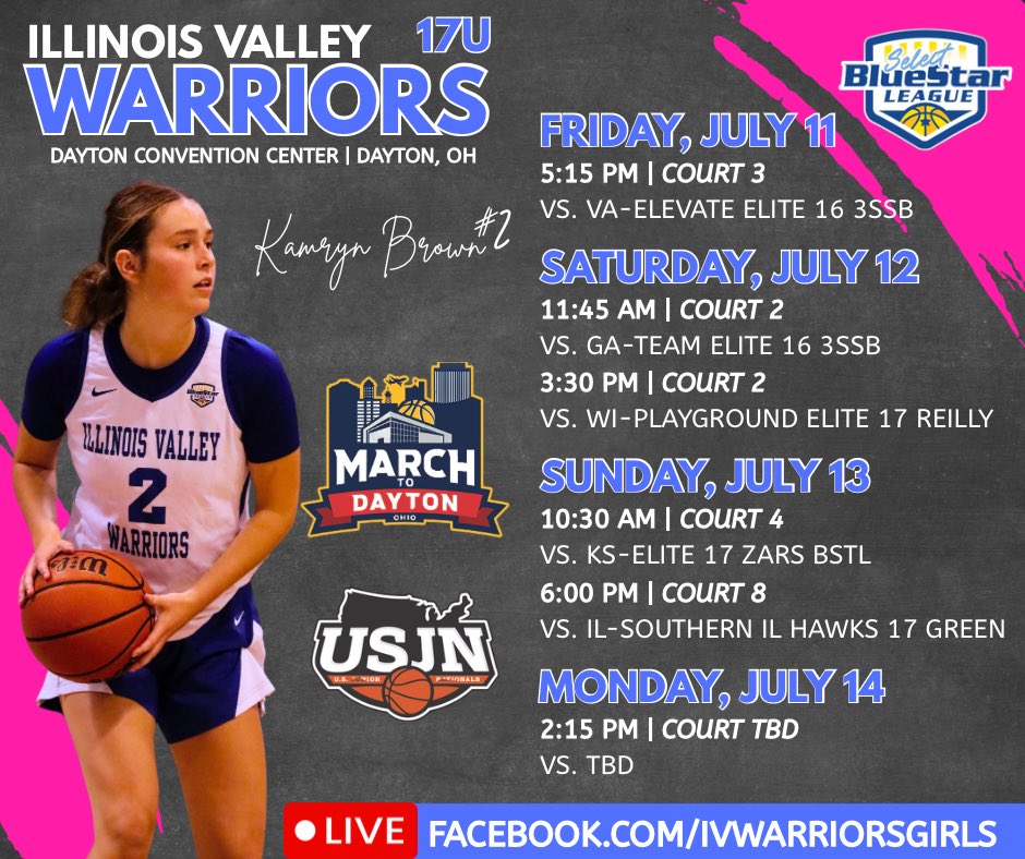 Kamryn Brown (@kamrynbrown08) on Twitter photo Here’s our schedule for Dayton, OH this weekend! <a href="/iv_warriors/">IV Warriors</a> <a href="/USJN/">USJN</a> <a href="/BlueStarMedia1/">BlueStar Media</a>
FB LIVE: facebook.com/ivwarriorsgirls Here’s our schedule for Dayton, OH this weekend! <a href="/iv_warriors/">IV Warriors</a> <a href="/USJN/">USJN</a> <a href="/BlueStarMedia1/">BlueStar Media</a>
FB LIVE: facebook.com/ivwarriorsgirls